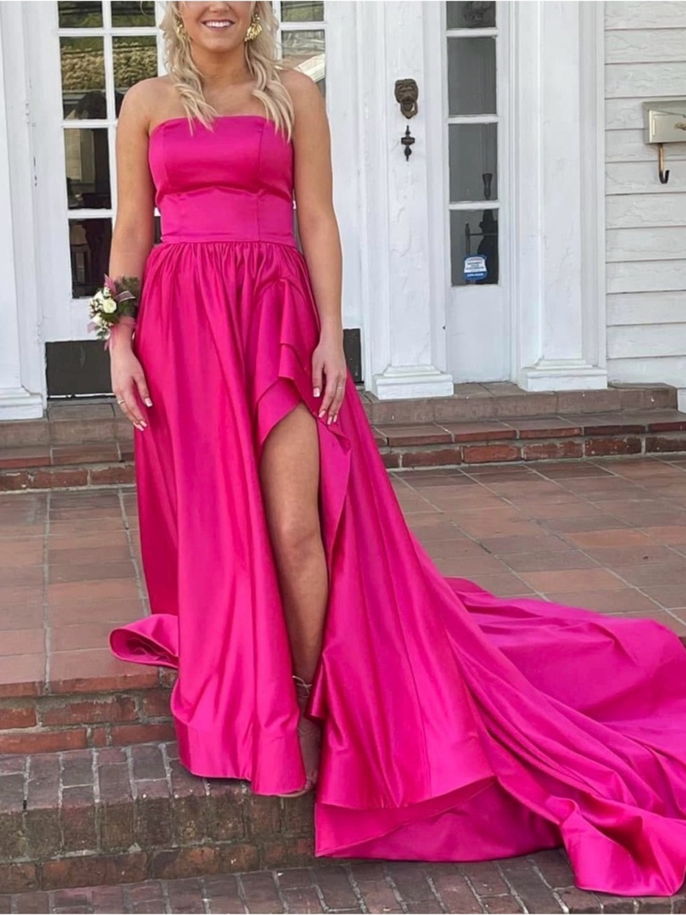 Jovani Hot Pink Strapless Satin Prom Gown with High Slit